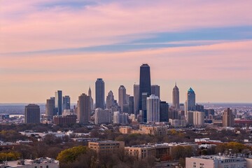 Obraz premium Bright City Skyline with Tall Buildings Against a Pastel Sky in a Panoramic Shot