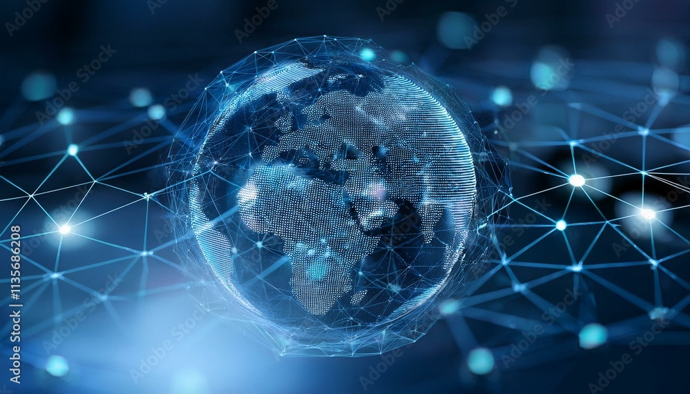 Poster Global Network: A digital rendering of the earth enveloped in a intricate network of lines and nodes, representing interconnectedness and global reach.  