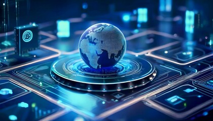 Global Network Connection: Futuristic digital globe on a technological interface, symbolizing worldwide connectivity and data exchange.  A stunning visual representation of the interconnected world.