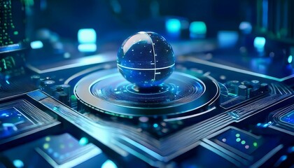 Global Network: A futuristic, abstract concept of a glowing blue sphere, symbolizing interconnectedness and the flow of information on a complex technological platform.