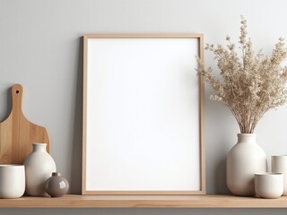 Blank A4 frame on a wooden shelf in a Nordic-inspired kitchen