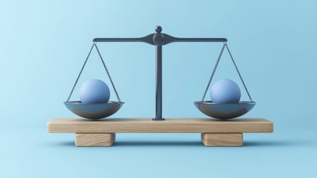 Balanced blue spheres on a scale demonstrating equality and fairness