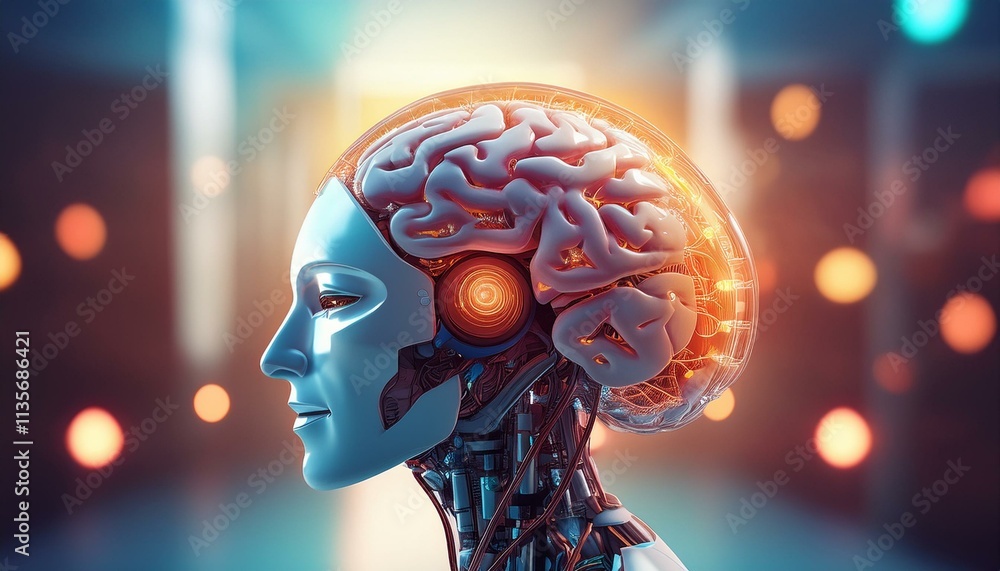 Poster ai consciousness: a mesmerizing profile view of a futuristic android with a visible, glowing brain, 