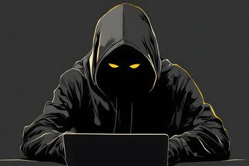 Mysterious hacker in a dark hoodie using a laptop, cybersecurity threat, cybercrime concept, anonymous identity, hacking illustration, technology crime, digital security risk