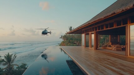 Fototapeta premium A helicopter approaches a modern villa with an infinity pool overlooking the ocean.