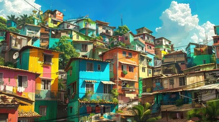 A lively favela neighborhood filled with brightly colored and vibrant houses, exuding vibrancy and liveliness.