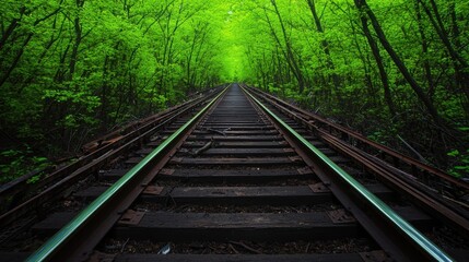 Obraz premium Always recycle, reuse, and seek renewal. A serene forest path flanked by lush green trees and railway tracks.