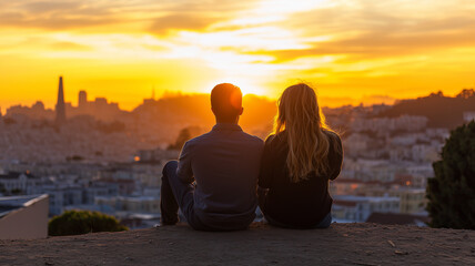 Couple in love enjoying tender moments during sunset at Twin Peaks in San Francisco - Emotional concept of relationship with travel boyfriend and girlfriends relaxing together
