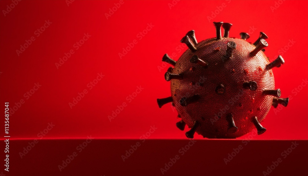 Poster crimson threat: a menacing 3d rendering of a virus particle against a stark red backdrop. the image 