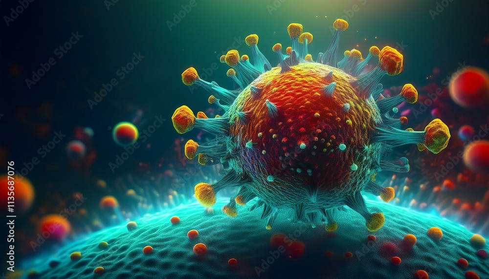 Poster microscopic world: a mesmerizing microscopic view of a virus, its intricate structure illuminated in