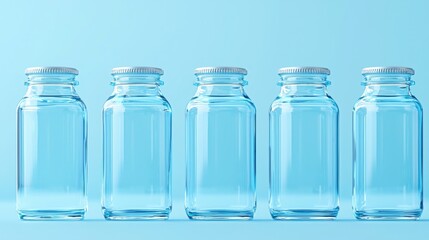 Always recycle, reuse, and seek renewal. Empty glass jars lined up against a blue background.