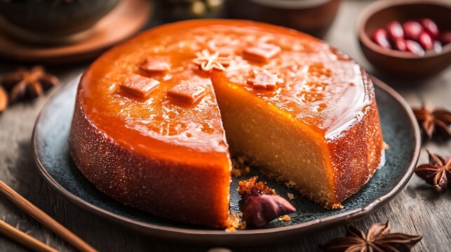 A traditional Chinese New Year cake, Nian Gao, made from glutinous rice flour, sugar, and water, steamed and sliced 