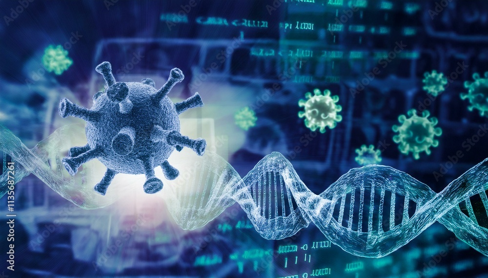 Poster unraveling the mystery: a microscopic view of a virus, its intricate structure highlighted against a