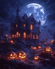 Spooky Halloween Mansion Under Full Moon