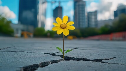Low angle view of a single flower pushing through cracked concrete, with skyscrapers and construction cranes in the background, symbolizing hope and urban renewal