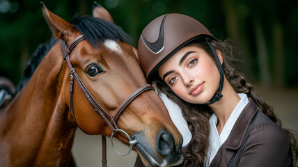 Equestrian Elegance, Young Woman in Riding Attire with Her Horse
