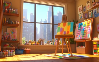 A bright art studio filled with supplies and a view of the city skyline.