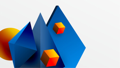 Abstract design showcasing isometric cubes, pyramids, squares, and spheres in a vibrant 3D layout. Modern and dynamic, perfect for tech, design, or futuristic themes