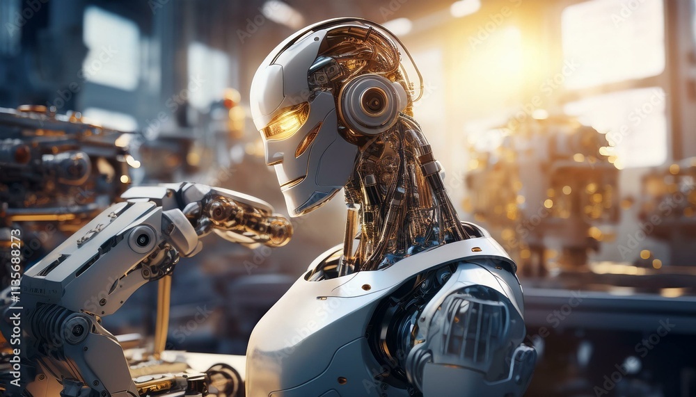 Poster advanced robotics: a futuristic android in a high-tech factory setting, showcasing intricate mechani