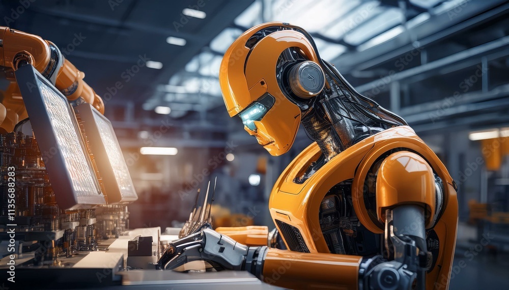 Poster orange robot working on computer in factory