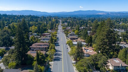 Aerial view of a residential street surrounded by trees and mountain.