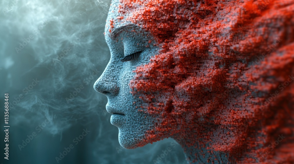 Poster abstract human face 3d illustration of a head constructing from cubes artificial intelligence concep