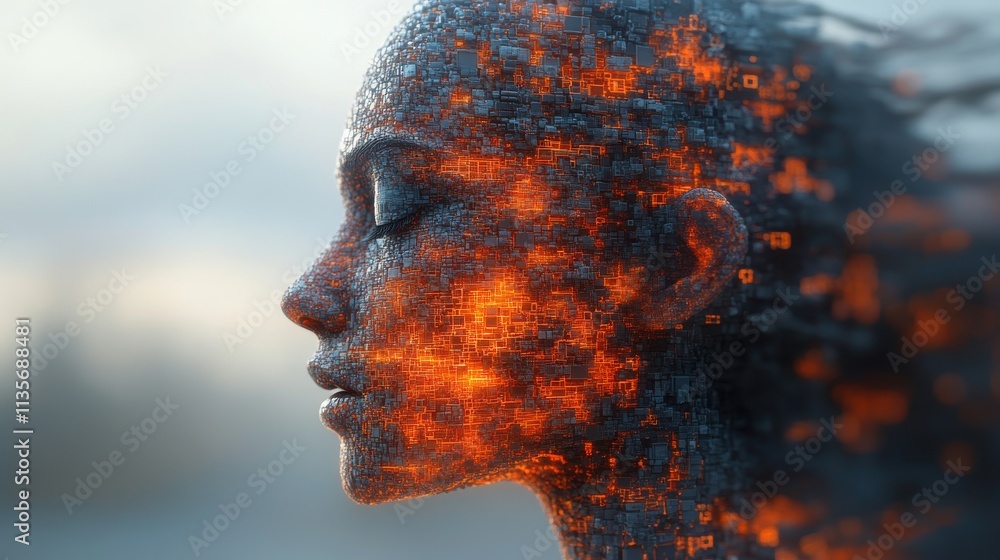 Poster abstract human face 3d illustration of a head constructing from cubes artificial intelligence concep