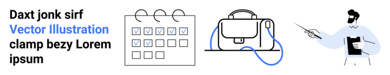Calendar with checkmarks, briefcase with blue strap, and presenter pointing to a clipboard. Ideal for business, education, presentations, planning, strategy, organization, and productivity themes