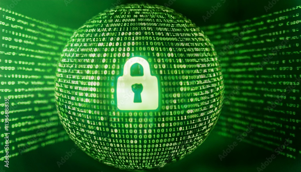 Poster cyber security: a digital padlock, shimmering green against a backdrop of binary code, symbolizes di