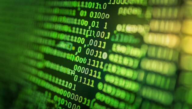 Digital Matrix: Abstract close-up of vibrant green binary code scrolling on a computer screen, suggesting innovation, technology, and the digital world.