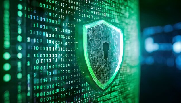 Cybersecurity Shield: Digital Fortress. A glowing green shield with a keyhole, set against a backdrop of binary code, symbolizes impenetrable digital security and data protection.