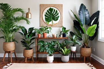 Vibrant Tropical Plant Collection Featuring Monstera Palm and Rubber Plants