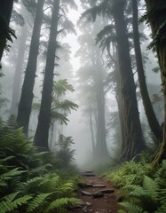 A misty forest with towering ancient trees and lush ferns, ancient, trees