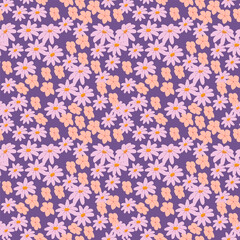 Seamless purple and peach floral pattern with daisy motifs.