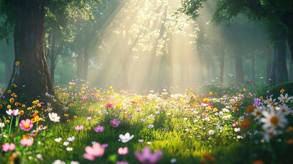 Sunlit Forest Meadow: A breathtaking landscape of vibrant wildflowers bathed in morning sunlight.