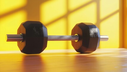 Dumbbell resting on a wooden surface with a bright yellow background