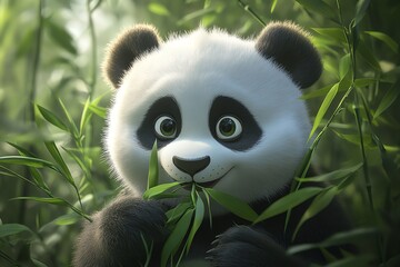 Fototapeta premium A cute panda munching on bamboo in a lush green setting.