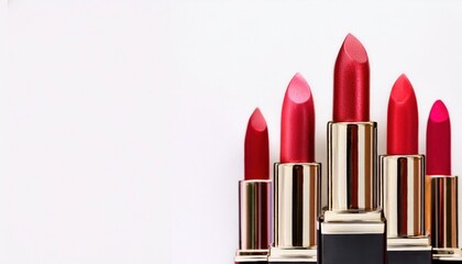 Red Lipstick Collection: A stylish flat lay showcasing an array of red lipsticks in varying shades, arranged elegantly against a clean backdrop. Perfect for beauty blogs, makeup tutorials.