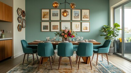 Elegant dining room with teal chairs, wooden table, gallery wall, and rug.