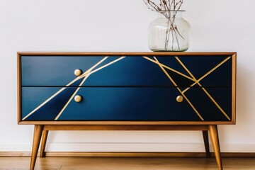 Mid-century modern navy blue chest of drawers with gold geometric lines and wooden legs.