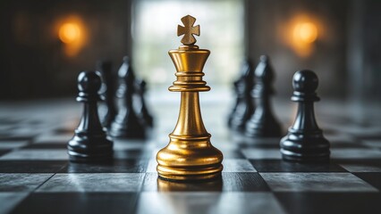 Golden king dominates chessboard surrounded by black pawns