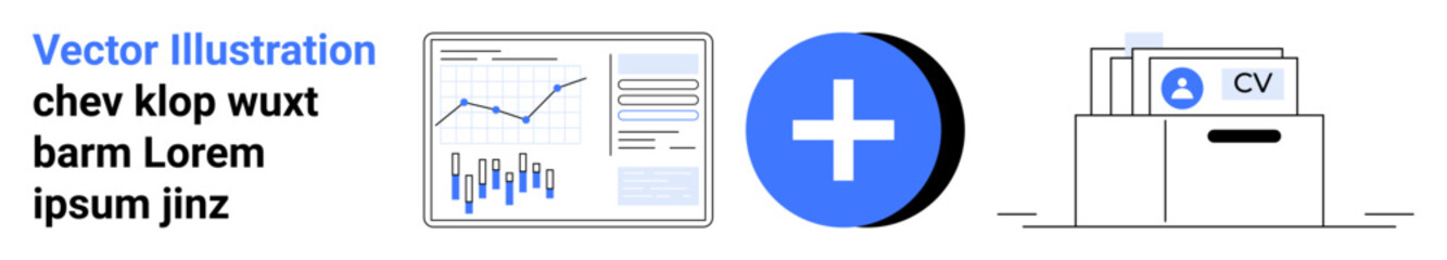 Graph with data charts, blue plus symbol, and file storage with CV icon, representing data analysis, adding features, document management, and CV organization. Ideal for business, data analysis