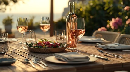 Outdoor Summer Dining Experience with Rose Wine and Elegant Setting