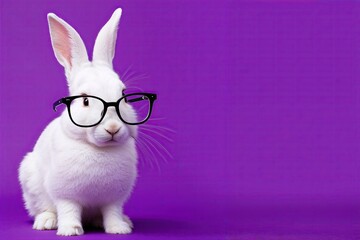 Whimsical White Rabbit in Glasses on Bright Purple Background