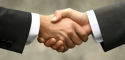 Obraz premium A professional close-up of businessmen shaking hands, set against a soft-focus business background, representing success and confidence