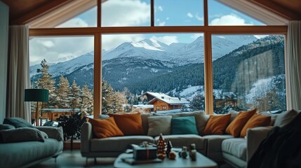 Fototapeta premium transform your space with a stunning poster of a modern scandinavian living room: embrace minimalist christmas decor & breathtaking views of snowy mountains!