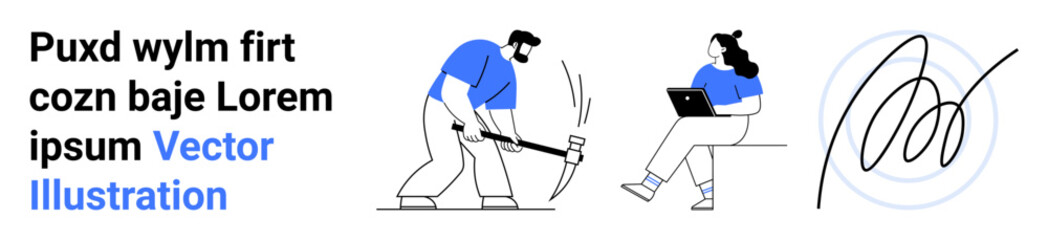 Text with random words, man digging with pickaxe, woman sitting on chair with laptop, abstract signature on right. Ideal for websites, business presentations, educational materials, social media