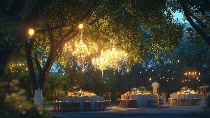Fototapeta premium Outdoor Wedding Dinner Reception Under Trees with Elegant Lighting
