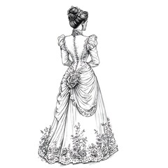 Fototapeta premium Back view of a woman in a vintage, ornate gown with floral detailing.