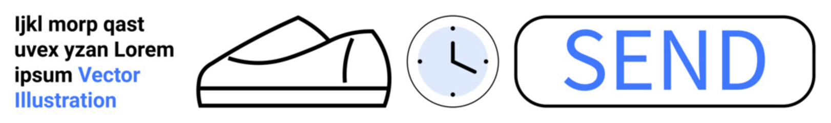 Shoe outline, analog clock, and SEND button with text. Ideal for user interface design, time management apps, e-commerce, delivery services, minimalism, clean design, blue accents. Landing page